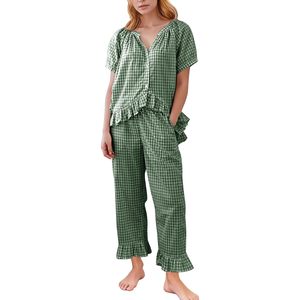 Womens Plaid 2 Piece Pajamas Set Gingham Button <b>Down</b> Short Sleeve Ruffle <b>Pants</b> Lounge Wear Sleepwear - Product Image 1