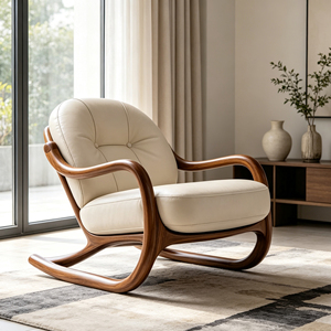 Fauteuil <span class=keywords><strong>de</strong></span> loisirs Loop Sled Base avec structure en bois massif et accoudoirs courbes, coussin en cuir crème capitonné <span class=keywords><strong>pour</strong></span> coin <span class=keywords><strong>de</strong></span> fenêtre <span class=keywords><strong>de</strong></span> style Mid-Century - Product Image 3