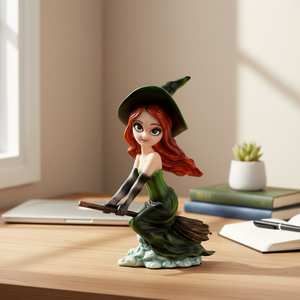 Estatua de Resina <span class=keywords><strong>Pintada</strong></span> a Mano de una Bruja con Escoba, Estilo Ángel, Decoración de Halloween para el Hogar, Figura con Detalles Finos - Product Image 2