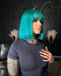 Brésilien court bob bleu clair cheveux humains 13x4 transparent dentelle avant perruques avec frange 200% densité aliexpress achats en ligne - Product Image 1