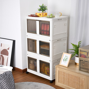 3-Tier Stackable <b>Storage</b> Cabinet with Wheels Plastic Folding <b>Storage</b> Box with Double Doors Rolling Organizer for Home - Product Image 1
