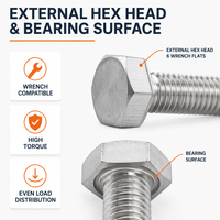 Vis en acier inoxydable 304 à tête hexagonale extérieure, vis à dents, boulon de structure en acier allongé, fixation, vente en gros M16
