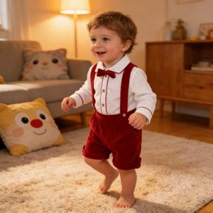 Ensemble habillé <span class=keywords><strong>pour</strong></span> garçon : <span class=keywords><strong>Chemise</strong></span> blanche en coton personnalisée et short à bretelles en velours rouge avec nœud papillon - Product Image 1