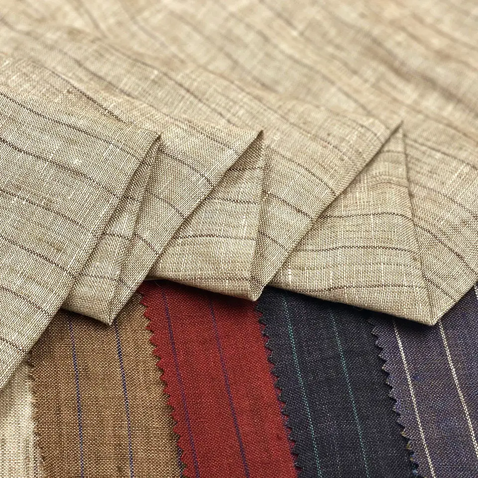 130gsm Gewicht 14s indische Männer Garn gefärbte Streifen Bambus Stil Leinwand dünne Gingham Greige Leinenstoff für Jacken kleidung
