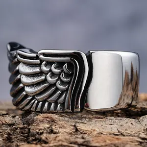 RTS Guarding Angel Seraphim Wings Rings Vintage Rock Stainless Steel Animal Feather Biker Ring Jewelry Men Women