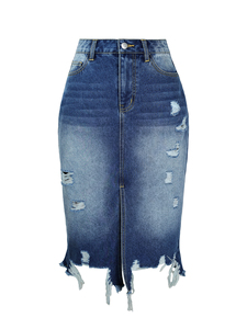 Jupe en jean déchirée décontractée et tendance pour femme, jupe en denim asymétrique élégante avec fente pour l'été - Product Image 5