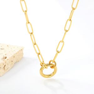 Collier en acier inoxydable plaqué or 18 carats avec chaîne trombone et fermoir rond à poussoir, vente en gros d'usine - Product Image 5