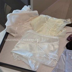 Braguitas de encaje de malla estilo francés para mujer con lazo, ribete de encaje hueco romántico, <span class=keywords><strong>ropa</strong></span> <span class=keywords><strong>interior</strong></span> transpirable minimalista y dulce estilo coquette - Product Image 4