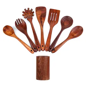 Utensili da cucina in legno, Set di utensili da cucina con supporto e poggia cucchiaio, cucchiai in legno di Teak e spatola in legno per cucinare