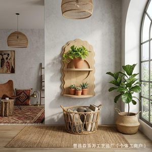 Solid Wood <b>Wall</b> <b>Mounted</b> Storage Rack 2 Tier Irregular Shape For Living Room Books And Plants Decorative <b>Shelf</b> - Product Image 1