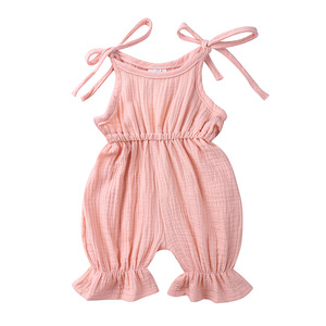 Tendances Grossiste Été Garçons Filles Tout-petits Bébés Combinaison sans manches bouffante à volants en Coton Lin Vêtements pour Bébés - Product Image 4