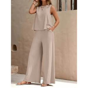 Women's <b>2</b> <b>Piece</b> <b>Set</b> Sleeveless O-Neck Top With Wide Leg Pants Solid <b>White</b> Casual Spring Summer Loose Fit Crepe Fabric - Product Image 3