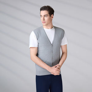 Suéter cárdigan sin mangas con cuello en V y botones para hombre, ropa de punto con logotipo personalizado, estilo moderno para otoño. - Product Image 3