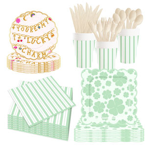 Custom Green Four-<b>Leaf</b> Clover Candy Strip Plate Set Birthday Party Decoration Items Disposable Plates, Paper Cups - Product Image 2