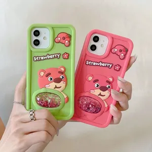 Cute 3d strawberry bear phone cases for iphone 14 13 12 11 silicone cover with liquidsand