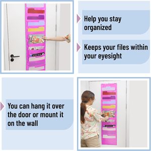 Organisateur de fichiers mural suspendu rose à 12 poches avec 3 crochets de suspension pour portes et murs, rangement de bureau - Product Image 5