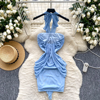 Robes mini élégantes d'été à col halter, plissées, en maille, moulantes pour femmes