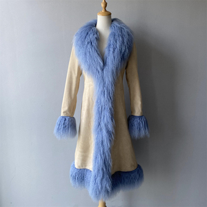 Gabardina larga de piel de oveja auténtica, esponjosa, colores personalizados, Cuello de piel de cordero de Mongolia de lujo, puños, chaqueta de cuero de gamuza auténtica para mujer - Product Image 6