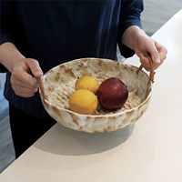 Bol à fruits en céramique avec poignées tressées - Plat de service rustique avec glaçure mouchetée - Décoration artisanale