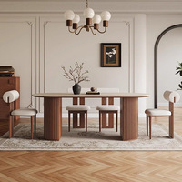 Mittelalterlicher Windgeschnitzter Steinplatten-Esstisch-Set, Wandanliegender Halbrunder Insel-Schreibtisch aus Massivholz