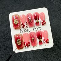 Faux ongles carrés faits à la main en acrylique, rouge bordeaux rétro, fleurs 3D sculptées, décoration vintage avec médailles métalliques et perles dorées
