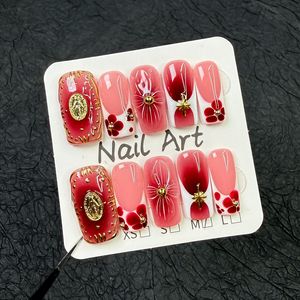 <span class=keywords><strong>Faux</strong></span> ongles carrés faits à la main en acrylique, <span class=keywords><strong>rouge</strong></span> <span class=keywords><strong>bordeaux</strong></span> rétro, fleurs 3D sculptées, décoration vintage avec médailles métalliques et perles dorées - Product Image 2