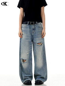 <span class=keywords><strong>Jeans</strong></span> Unisex Americani Retrò 11KN Personalizzati con Strappi <span class=keywords><strong>a</strong></span> <span class=keywords><strong>Zampa</strong></span> di Gatto - Pantaloni Larghi in Denim Pesante Lavato con Dettagli Distressed - Product Image 1
