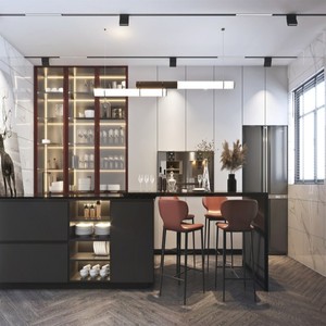 BAILOM <span class=keywords><strong>Cucina</strong></span> Modulare Personalizzabile Moderna ed Elegante, Ecologica, con Finiture Rosse, Armadi in Vetro con LED, Isola <span class=keywords><strong>Nera</strong></span> - Product Image 1