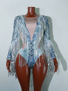 Body iridescente azzurro scintillante con frange di strass, <span class=keywords><strong>costume</strong></span> <span class=keywords><strong>da</strong></span> <span class=keywords><strong>regina</strong></span> del ghiaccio per drag queen e artisti - Product Image 1