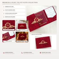 Ensemble d'invitations de mariage de luxe en velours avec couvercle pliant, personnalisé avec monogramme et armoiries royales en feuille d'or
