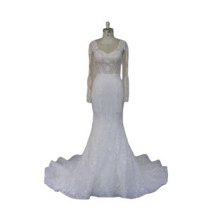Illusive manches longues élégantes robes de mariée sirène en dentelle avec V bas du dos robe de mariée pour le mariage - Product Image 1