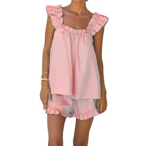 Schlafanzug-Set für Damen mit Spitzentop und Shorts, Zweiteiliger Unifarbener Sommer-Schlafanzug - Product Image 2