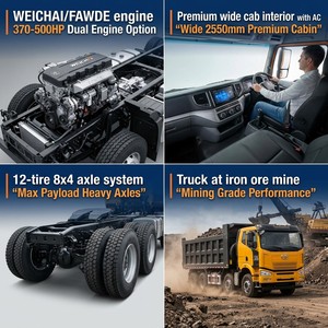 รถบรรทุกหนัก FAW JH6 8x4 พรีเมียม 500 แรงม้า เครื่องยนต์ดีเซล WEICHAI FAWDE 12 ล้อ รถดัมพ์สำหรับงานเหมือง มาตรฐานยูโร 2-6 พวงมาลัยซ้าย/ขวา สำหรับส่งออก - Product Image 3
