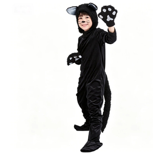 Combinaison de cosplay chat noir pour enfants, costume d'animal d'Halloween, tenue de chat pour tout-petits avec gants et queue pour spectacle de maternelle - Product Image 1