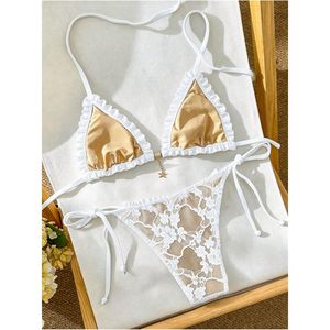 FOXA Women's 2 Piece Lace <b>Bikini</b> Set Ruffled Halter Triangle <b>String</b> Tie Side Cheeky Bathing Suit - Product Image 4