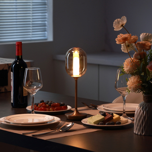 Classico paralume rotondo in vetro ambra con lampada da scrivania a batteria con paralume in vetro ossidato ossidato in lega di alluminio - Product Image 2