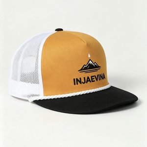 Custom 5 Panel <b>Flat</b> Brim Trucker <b>Hat</b> With Rope Two Tone Color Block Embroidered Logo Snapback Vintage Outdoor Mesh Baseball Cap - Product Image 2