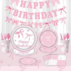 Juego de Vajilla Desechable con Tema de Lazo Rosa, Artículos y Decoración para Fiestas de Cumpleaños de Niñas - Product Image 1