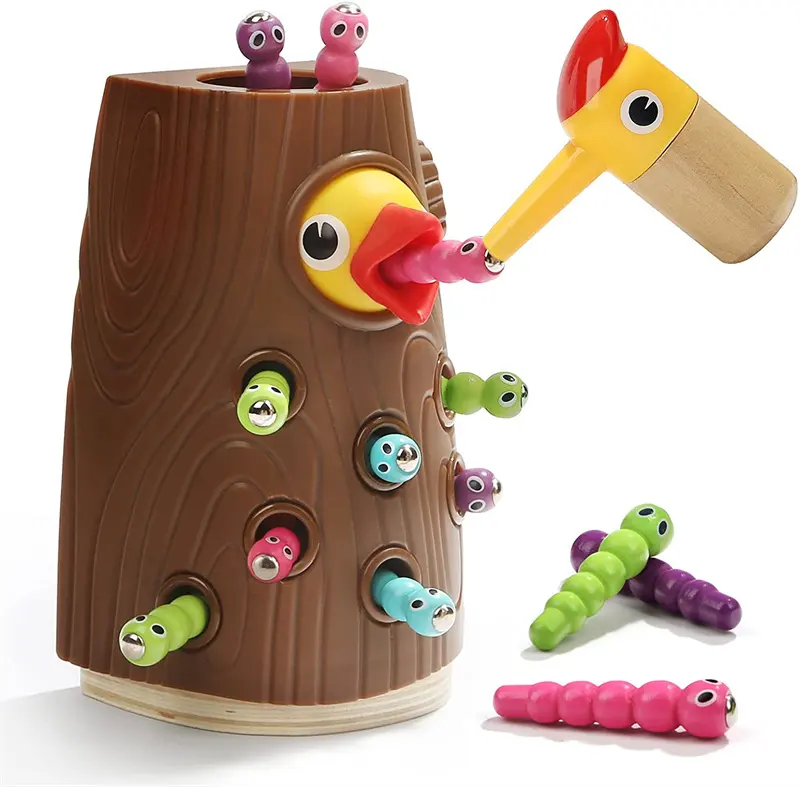 Family Wooden Baby Toys Magnetic Woodpecker Catching Worms And Feeding Game Toys Set Preschool education toy For Children