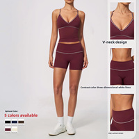 Ensemble de sport TongJoes en velours brossé color-block, col en V, style licou, taille haute, contrôle du ventre, en nylon anti-transpiration pour le yoga