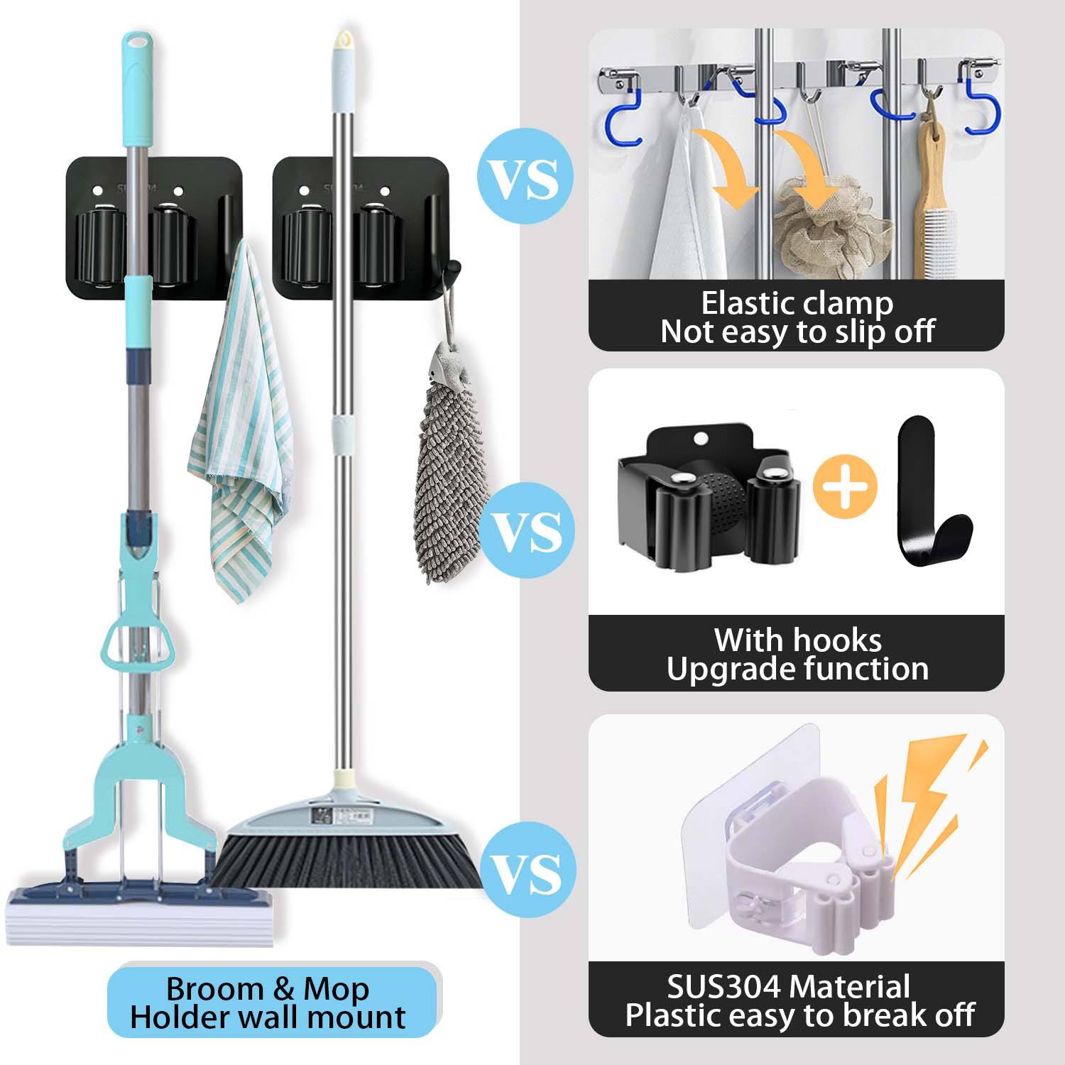 4-Piece Stainless Steel Wall-Mounted Broom Mop Holder Double