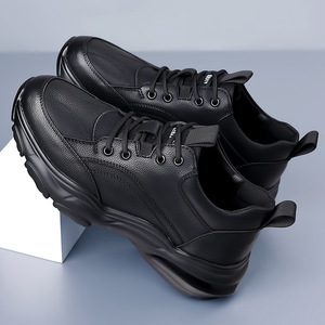 Chaussures en cuir décontractées pour hommes, automne, noires, semelle épaisse, lacets, baskets robustes, pour le loisir - Product Image 1