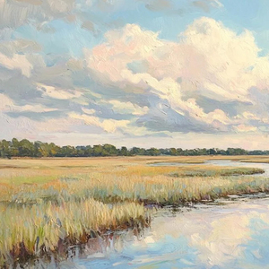 Cloudbreak Marsh Serene River Marsh Landscape Painting Abstract <b>Framed</b> Decorative Arts <b>Large</b> Handmade Artwork Home Decor - Product Image 2