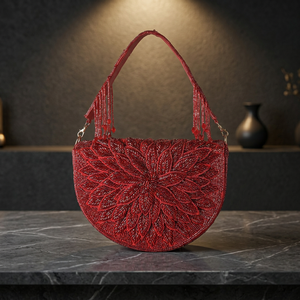 Red Beaded Pearl Evening Clutch Bag Flap Closure Handmade Shoulder Bag Party Style Bright India Exports - Product Image 2