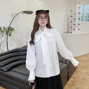 Blusa Blanca de Talla Grande con Lazo de Cinta y Mangas Farol, Camisa de Algodón de Color Sólido para Mujer, Uso Diario N8293 - Product Image 4