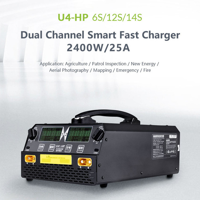 U4 HP Dual Channel Smart Fast Charger 6S/12S/14S Agricultural Drone Battery Charger 2400w 25A 240v for UAV FPV LiPo LiHV Charger