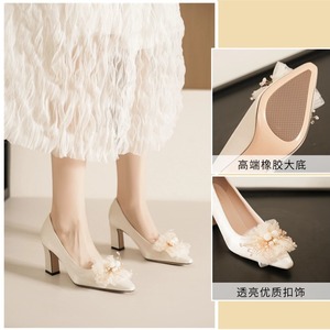 Pumps Youxianmei à bout pointu en satin avec talon bloc, chaussures de mariée avec décoration florale, talon haut, légères - Product Image 4