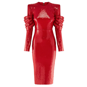 Vendita calda Rotonda collo manica lunga strutturato spalla vestito di lustrini posteriore con zip elegante <span class=keywords><strong>Drappeggiato</strong></span> dettagli vestiti da partito <span class=keywords><strong>midi</strong></span> YLDR002ZC - Product Image 6