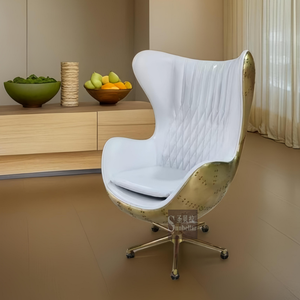 Chaise pivotante moderne en cuir véritable blanc avec dos en métal et laiton pour les loisirs, mobilier pour le salon, la salle à manger et l'hôtel - Product Image 2