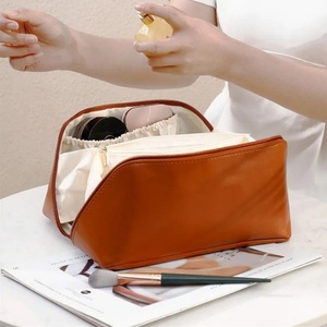 2025 Customized Organizer Beauty Pouch Pu Leather Open <b>Flat</b> Cosmetic <b>Pillow</b> Makeup Storage Travel for Bag Gold Zipper Large - Product Image 2